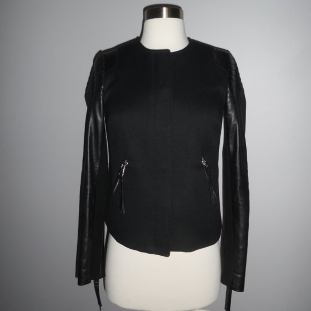 REBECCA TAYLOR Moto Biker Leather Quilted Twill Quilt Oversized Jacket 2‎ XS